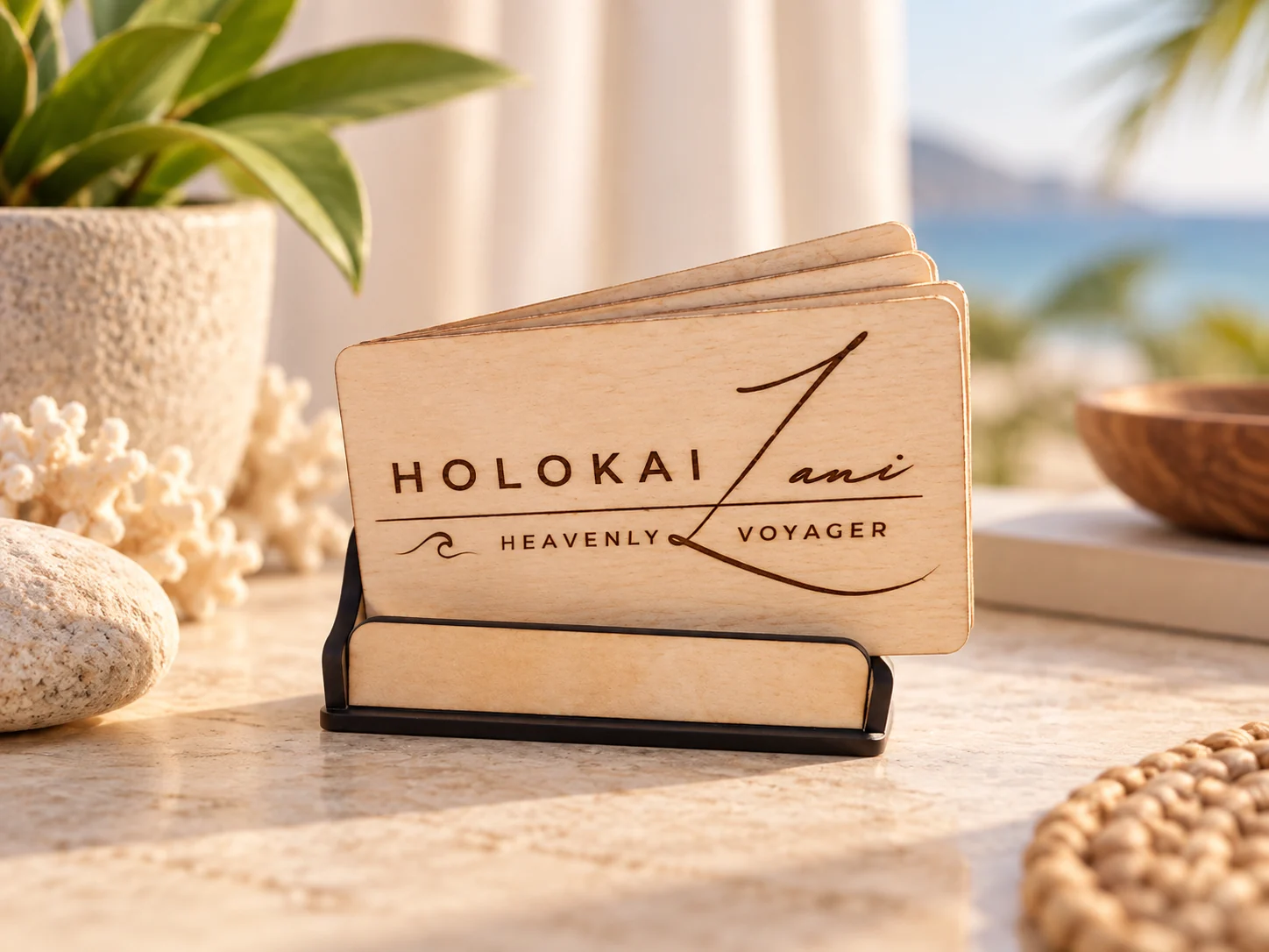 Engraved Holokai Lani wood business cards displayed in a card holder