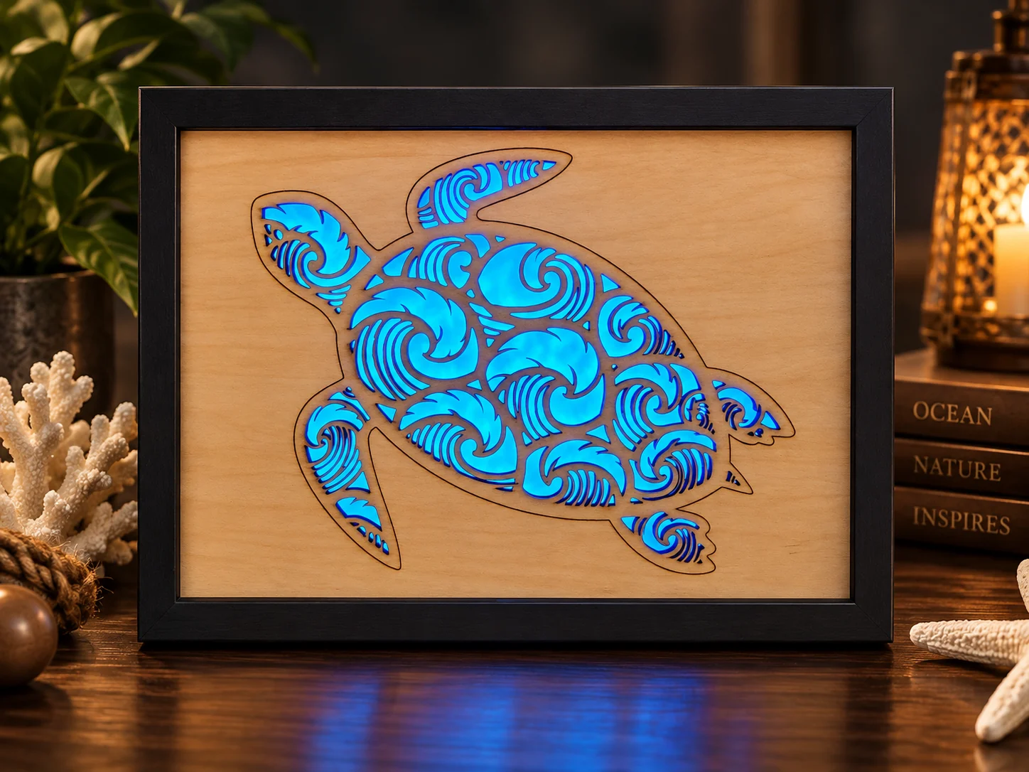 Blue illuminated sea turtle wood light box with engraved wave design