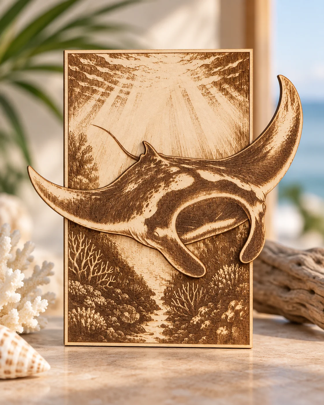 Premade Holokai Lani layered wood art with an engraved manta ray and reef scene