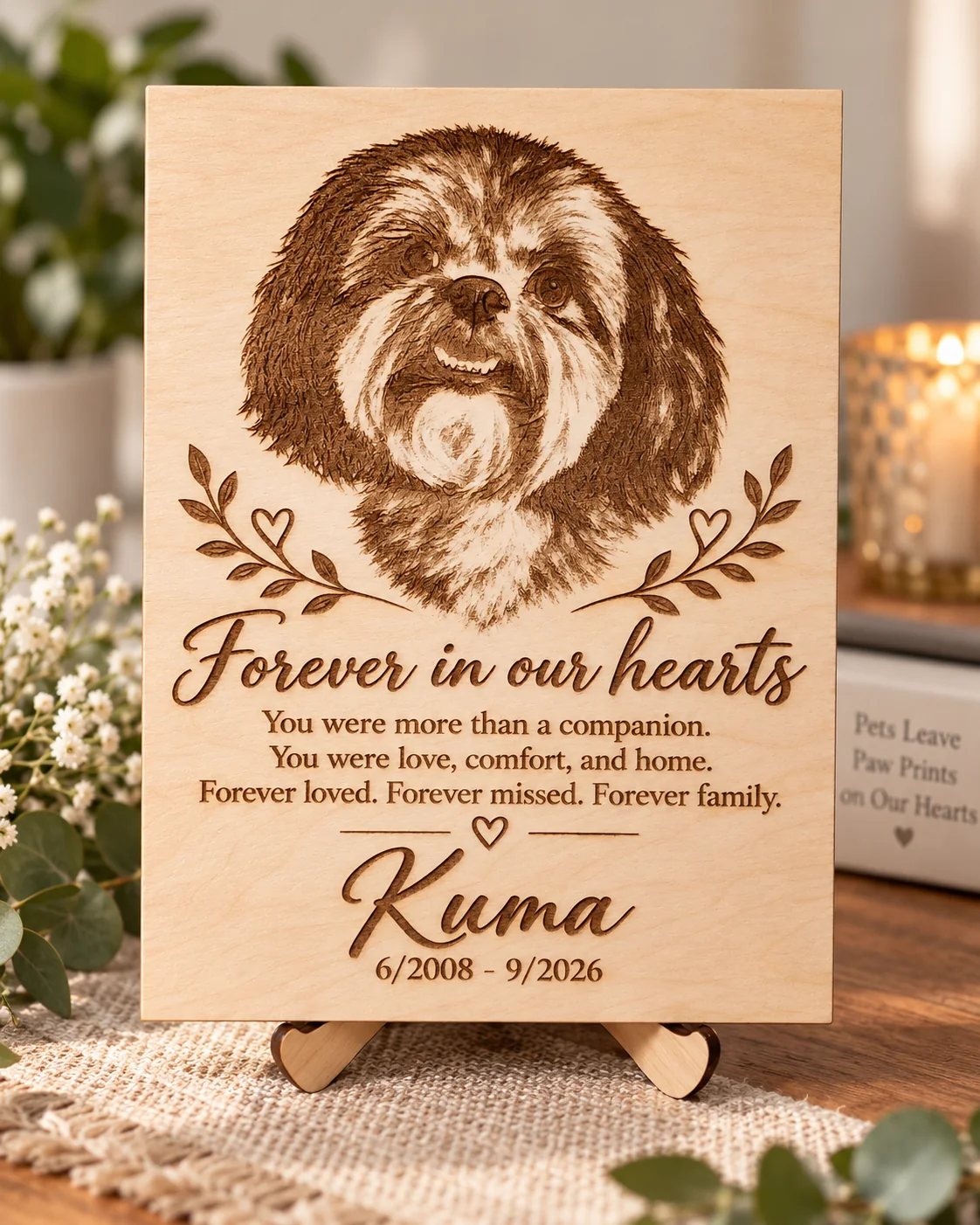 Personalized Holokai Lani engraved picture plaque with a pet portrait, name, dates, and memorial message